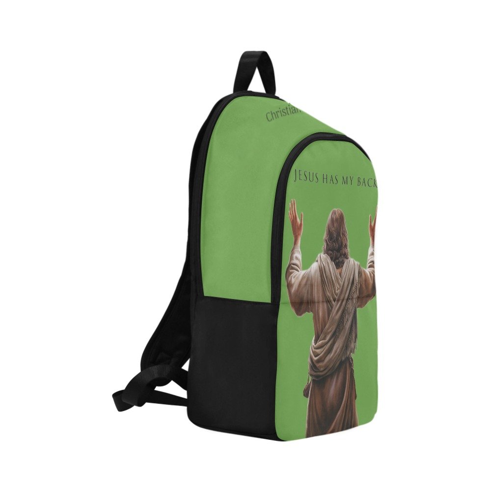 "Jesus Has My Back" Christian Backpack-Black Side Accent (Choose Green or Blue shades)