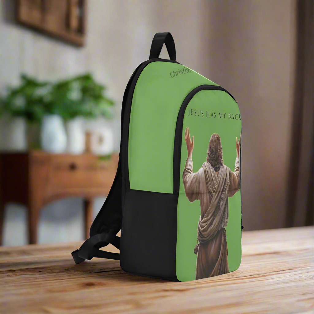 "Jesus Has My Back" Christian Backpack-Black Side Accent (Choose Green or Blue shades)