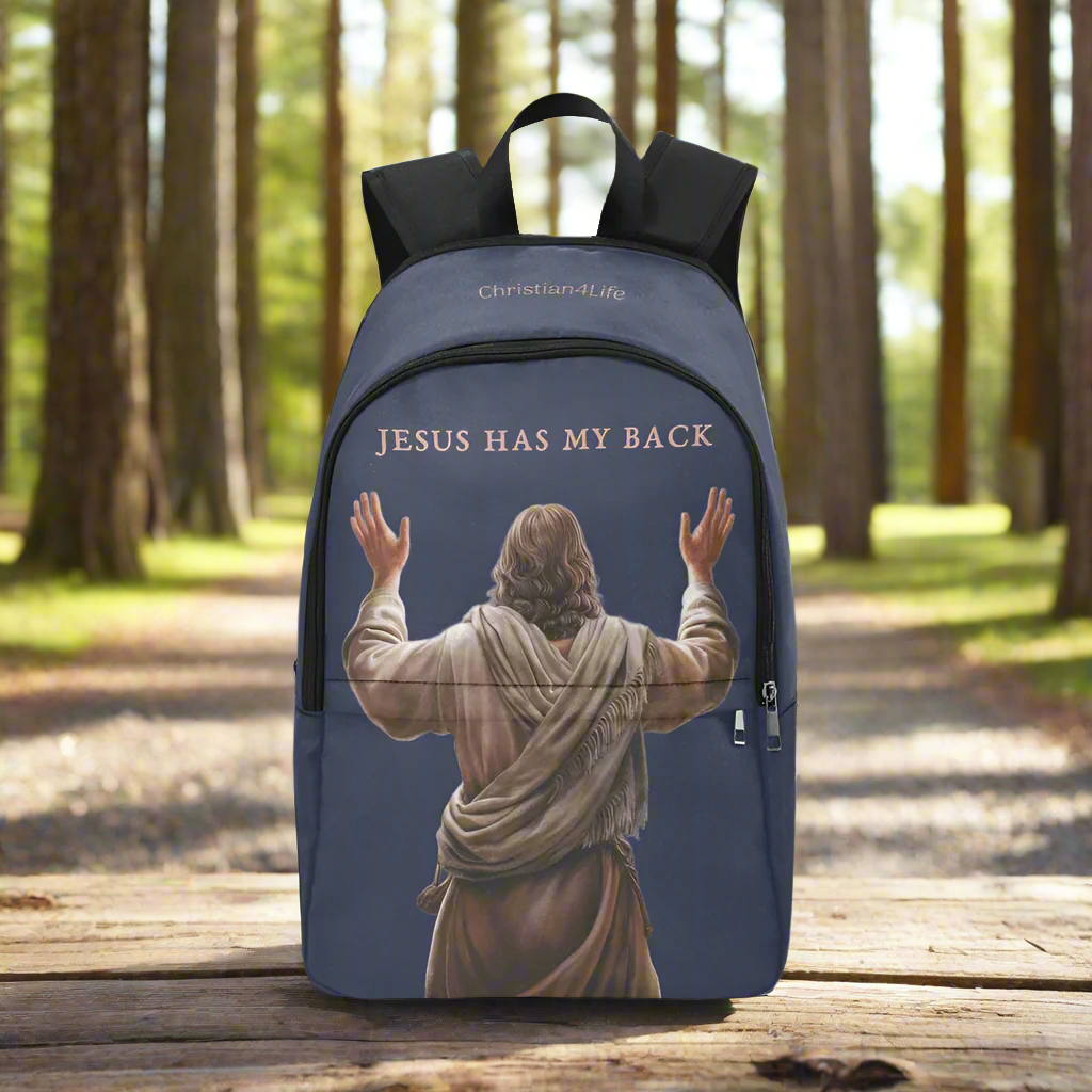 Backpack with 'Jesus Has My Back' text and image of Jesus in a forest setting