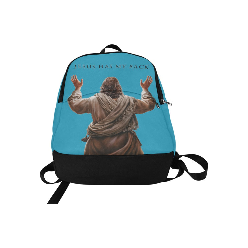 Backpack with a graphic of Jesus in robes and 'Jesus Has My Back' text