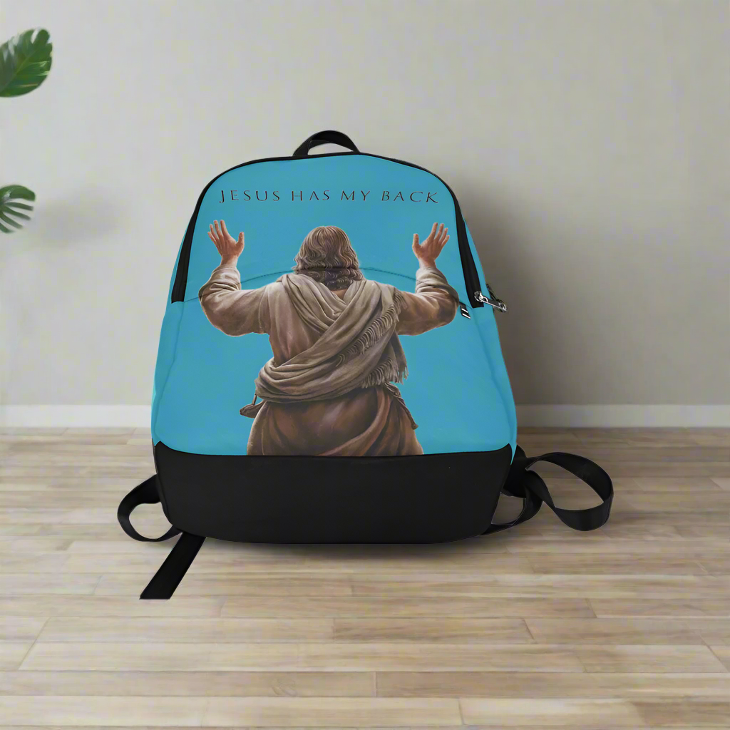 "Jesus Has My Back" design Christian Backpack (turquoise)