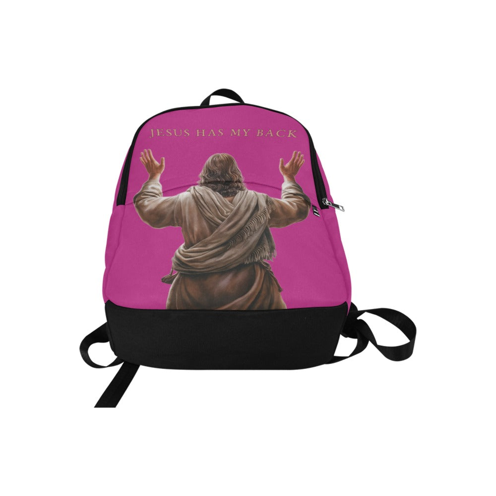 Pink backpack with a graphic of Jesus and 'Jesus Has My Back' text on a white background