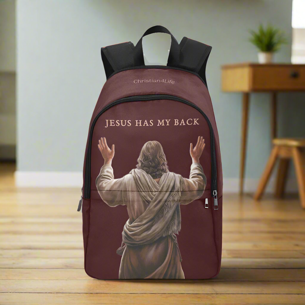 "Jesus Has My Back" Graphic design Christian Backpack (Choose Brown Shade)