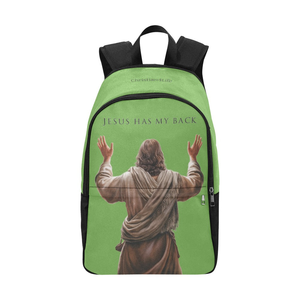 "Jesus Has My Back" Christian Backpack-Black Side Accent (Choose Green or Blue shades)