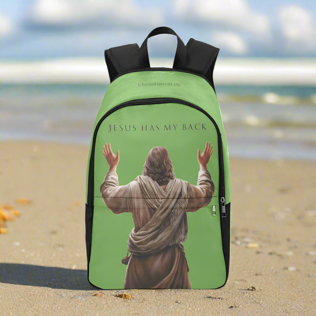 "Jesus Has My Back" Christian Backpack-Black Side Accent (Choose Green or Blue shades)