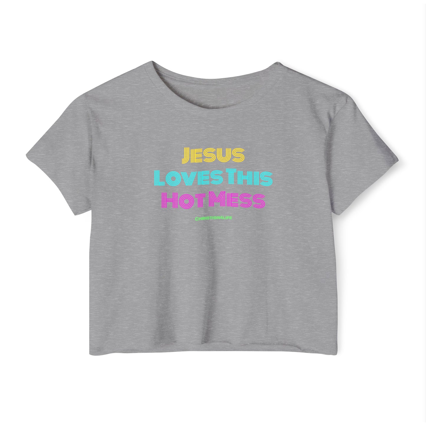 Jesus Loves this Hot Mess -Women’s Festival Crop Top - Heather Grey / XS - T-Shirt