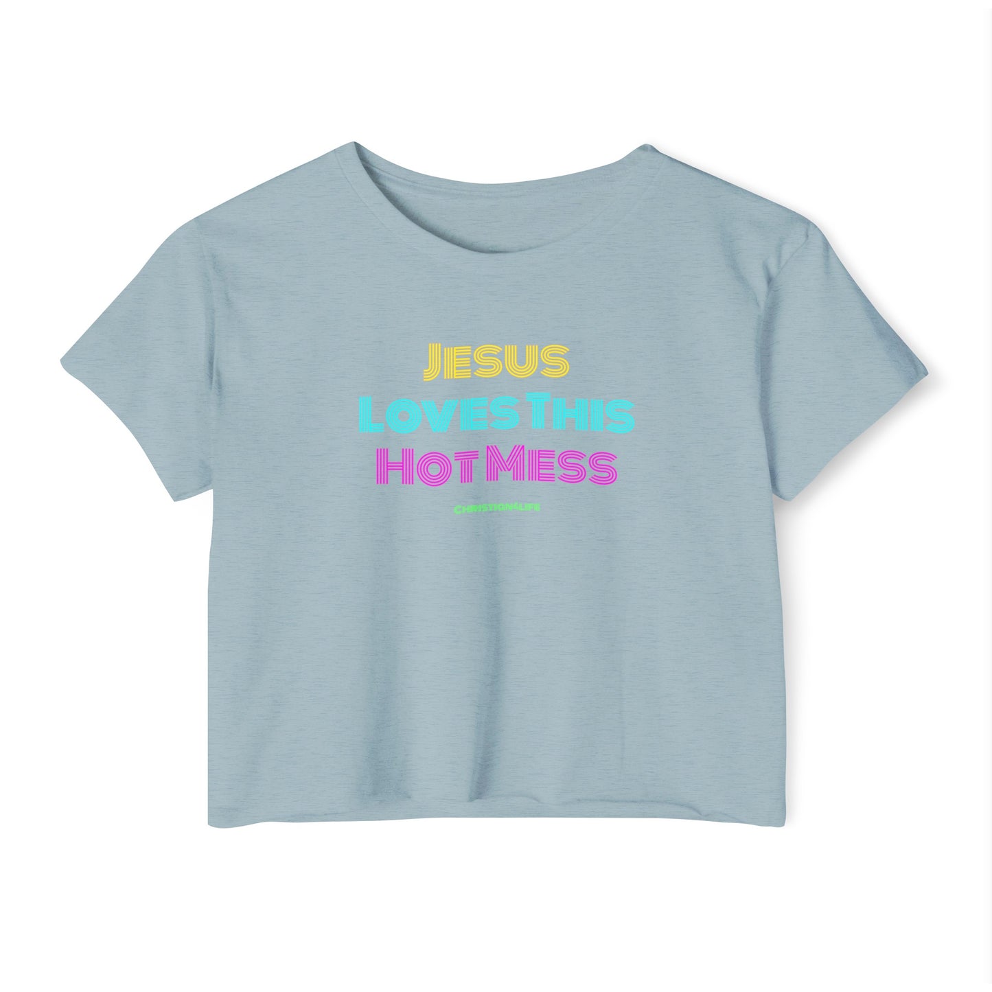 Jesus Loves this Hot Mess -Women’s Festival Crop Top - Stonewash Denim / XS - T-Shirt