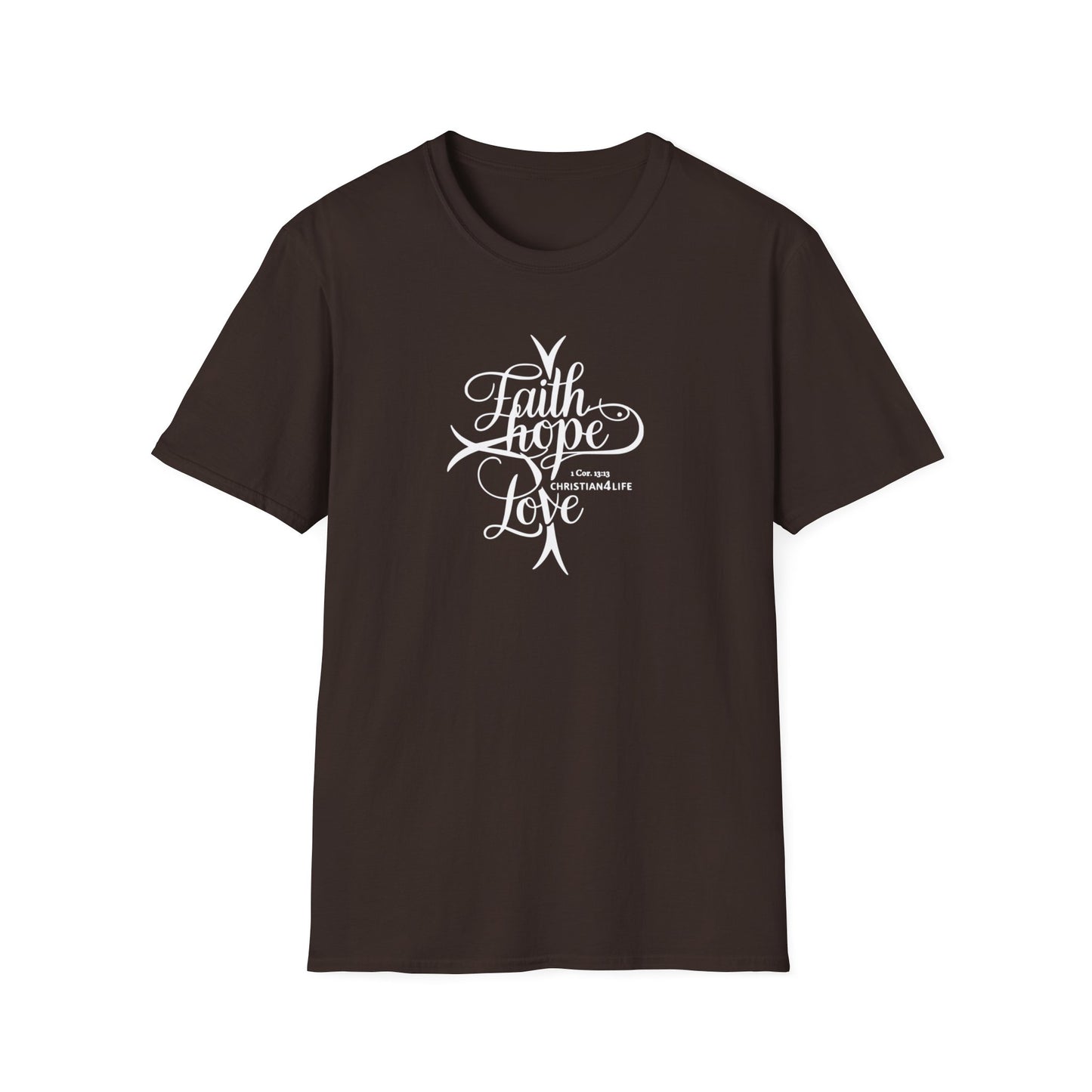 ’Faith Hope Love’ Unisex Christian Cotton Softstyle T-Shirt - Dark Chocolate / M - T-Shirt
