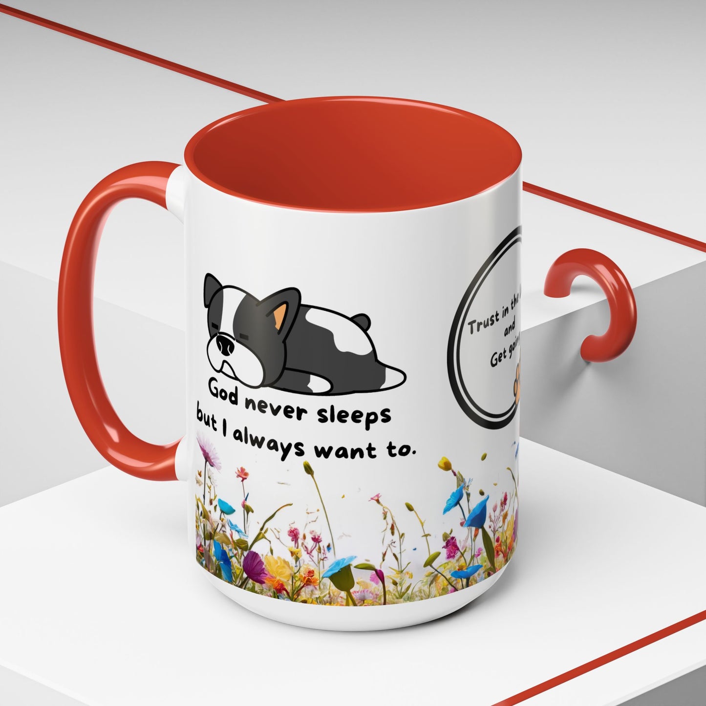 Christian 11oz and 15oz Accent Coffee Mug ’God never sleeps’ (with flowers) - Mug