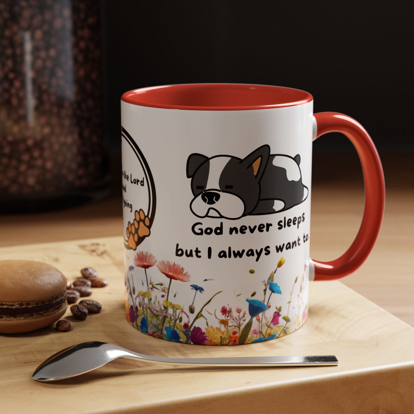 Christian 11oz and 15oz Accent Coffee Mug ’God never sleeps’ (with flowers) - 11oz / Red - Mug