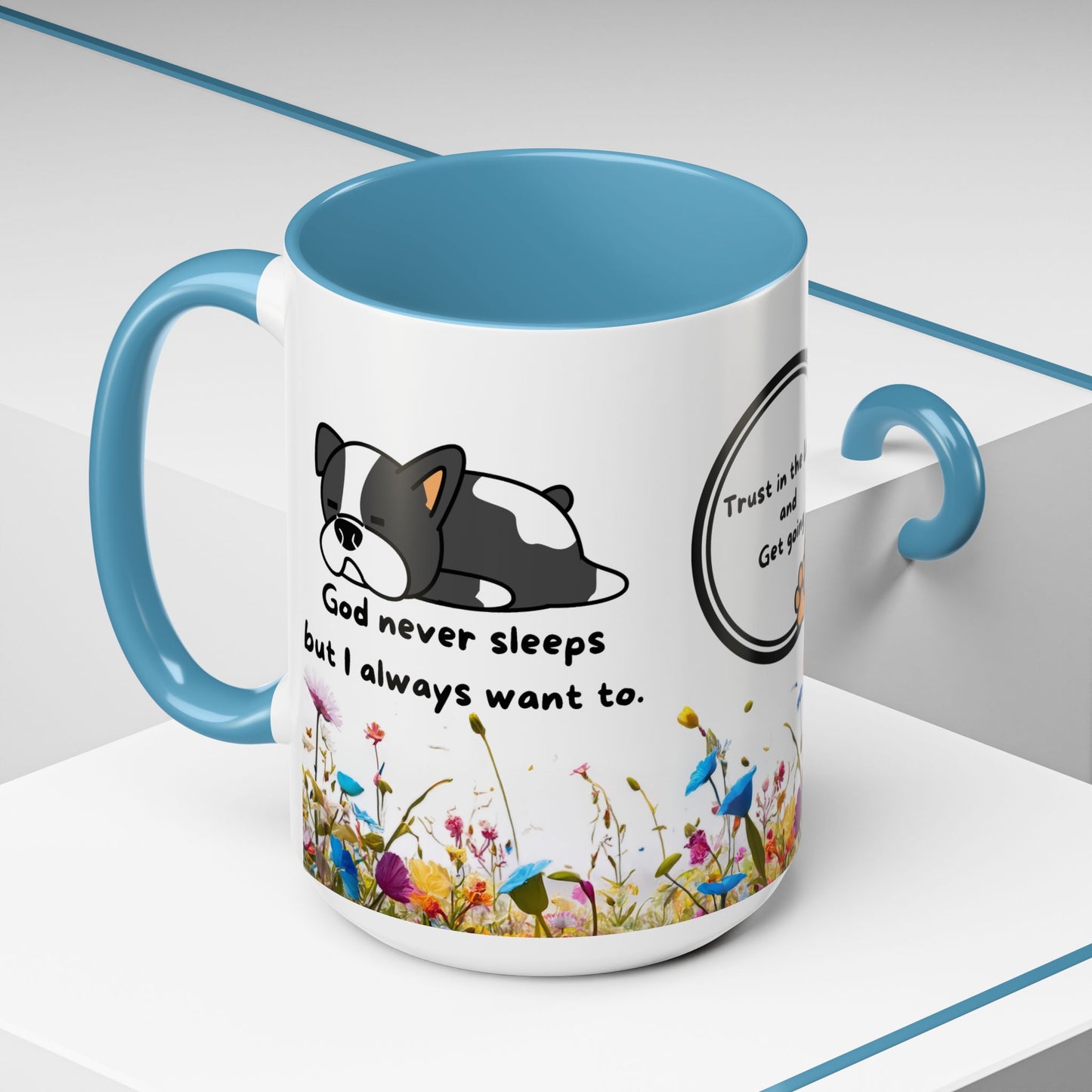 Christian 11oz and 15oz Accent Coffee Mug ’God never sleeps’ (with flowers) - Mug