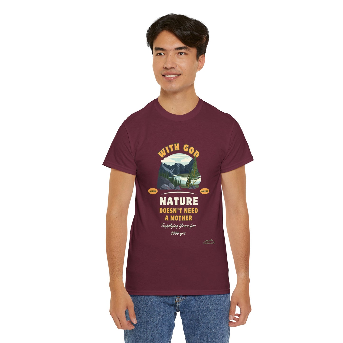 Unisex "With God Nature doesn't need a mother" Heavy Cotton Christian Tee