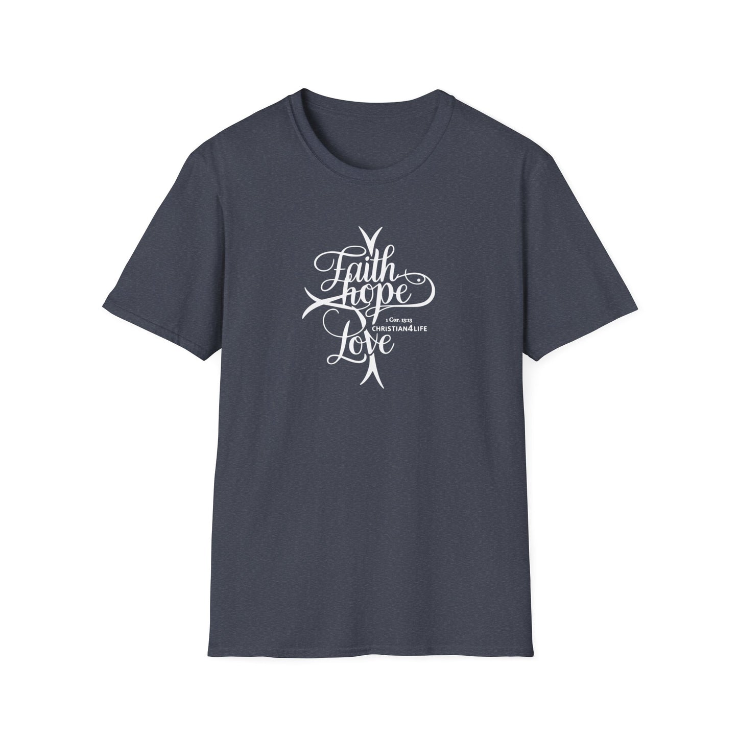 ’Faith Hope Love’ Unisex Christian Cotton Softstyle T-Shirt - Heather Navy / S - T-Shirt