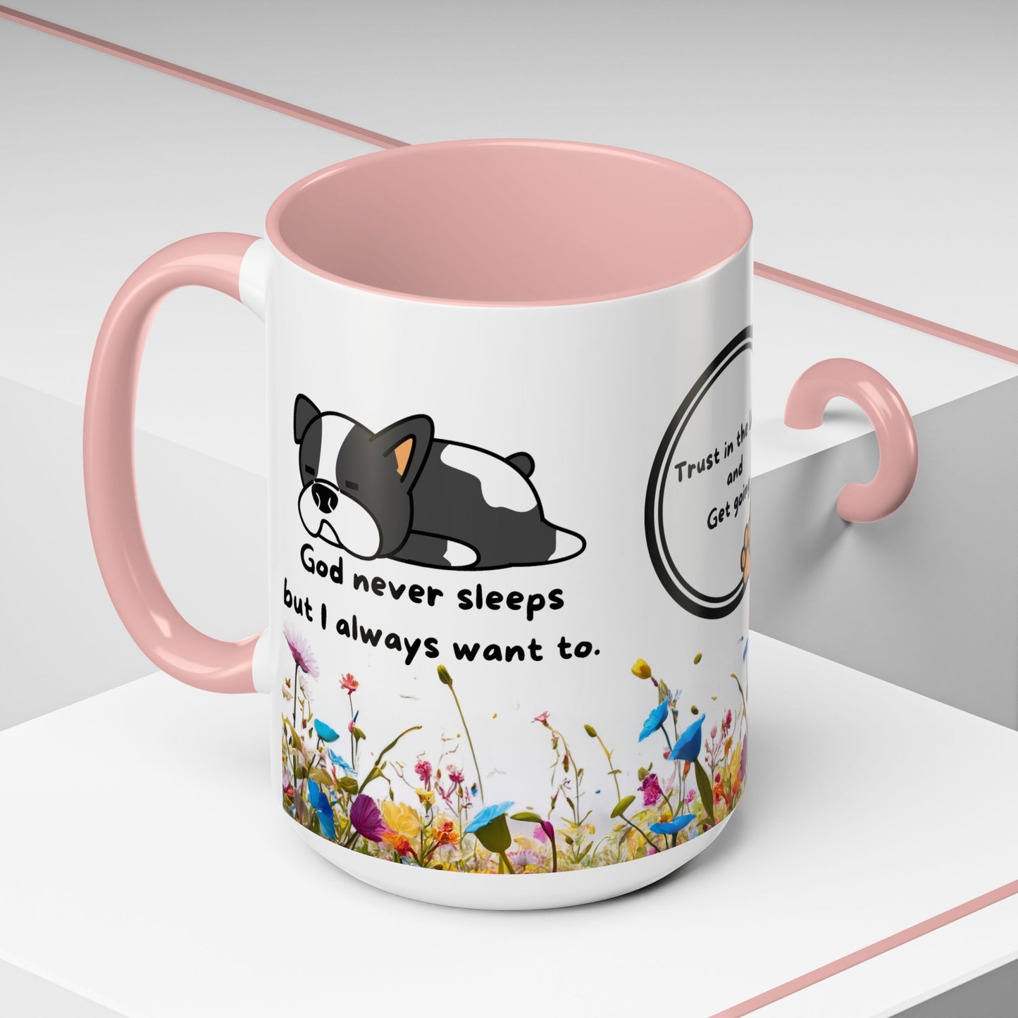 Christian 11oz and 15oz Accent Coffee Mug ’God never sleeps’ (with flowers) - Mug