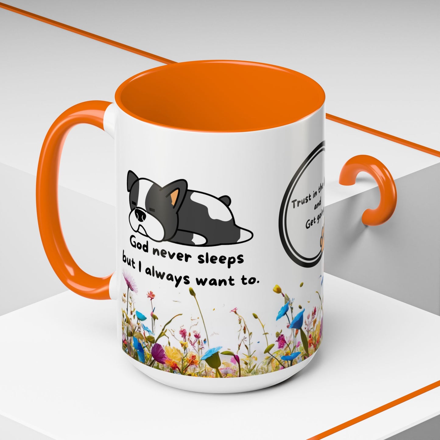 Christian 11oz and 15oz Accent Coffee Mug ’God never sleeps’ (with flowers) - Mug