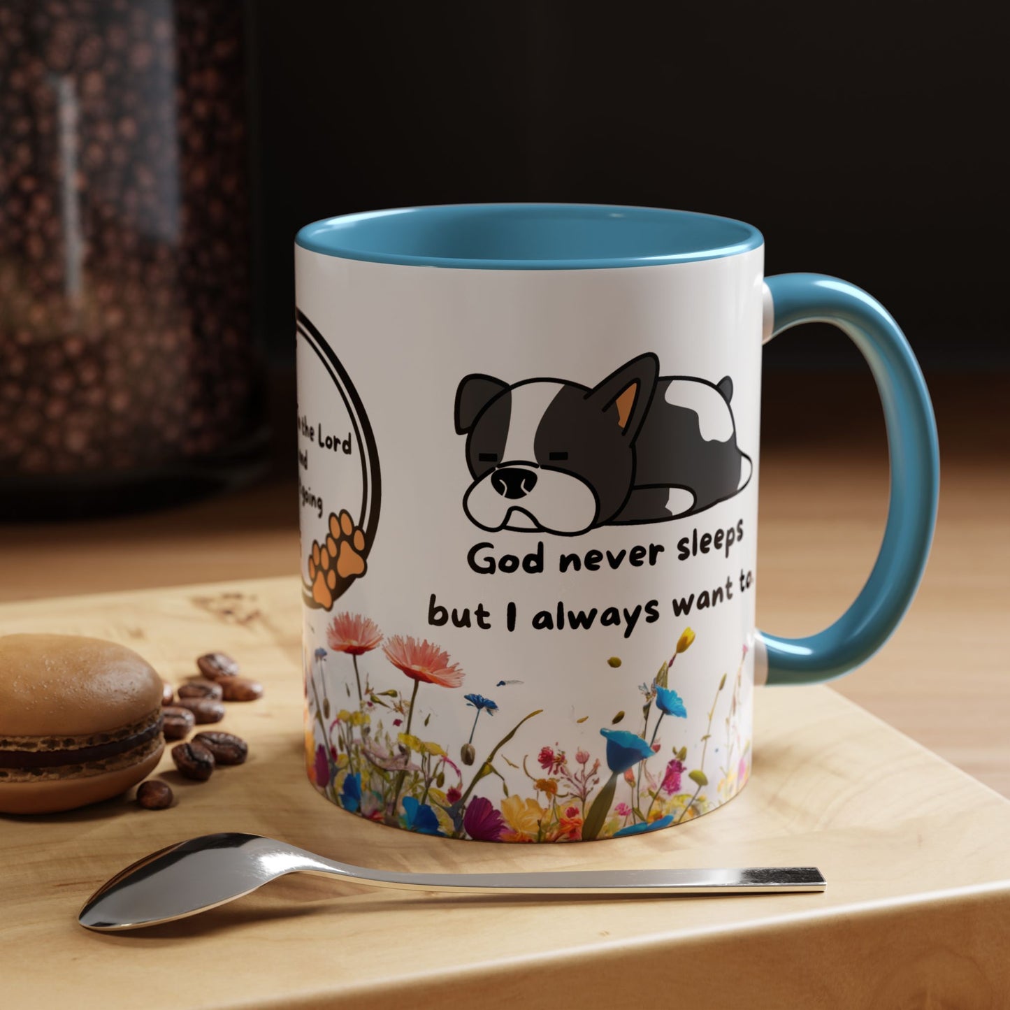 Christian 11oz and 15oz Accent Coffee Mug ’God never sleeps’ (with flowers) - 11oz / Light Blue - Mug