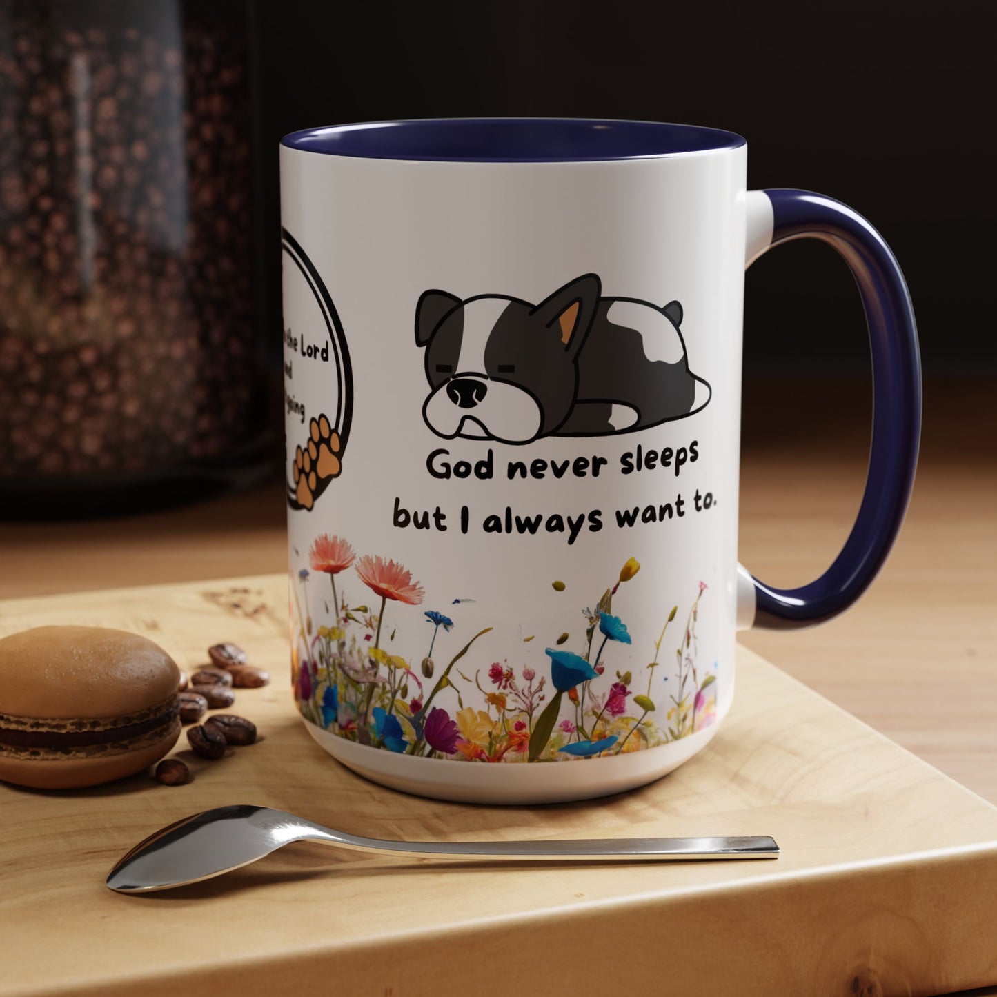 Christian 11oz and 15oz Accent Coffee Mug ’God never sleeps’ (with flowers) - 15oz / Navy - Mug