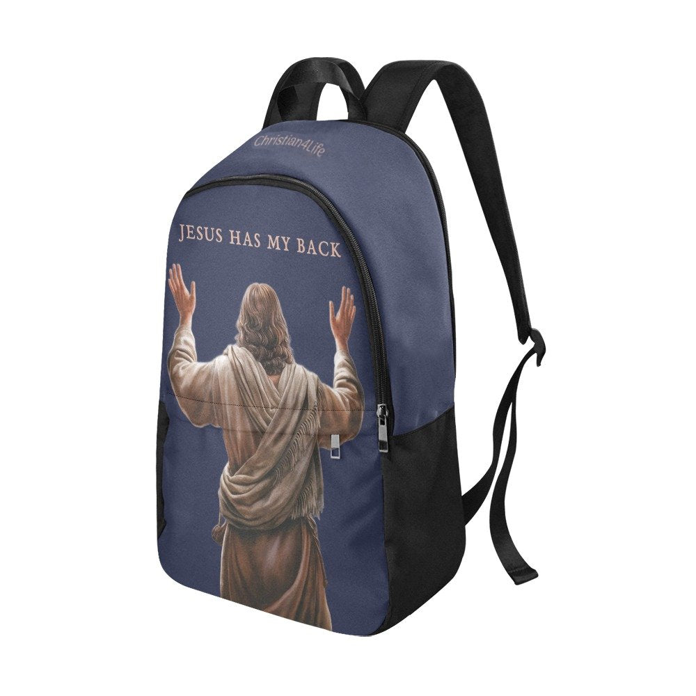 "Jesus Has My Back" Christian Backpack-Black Side Accent (Choose Green or Blue shades)