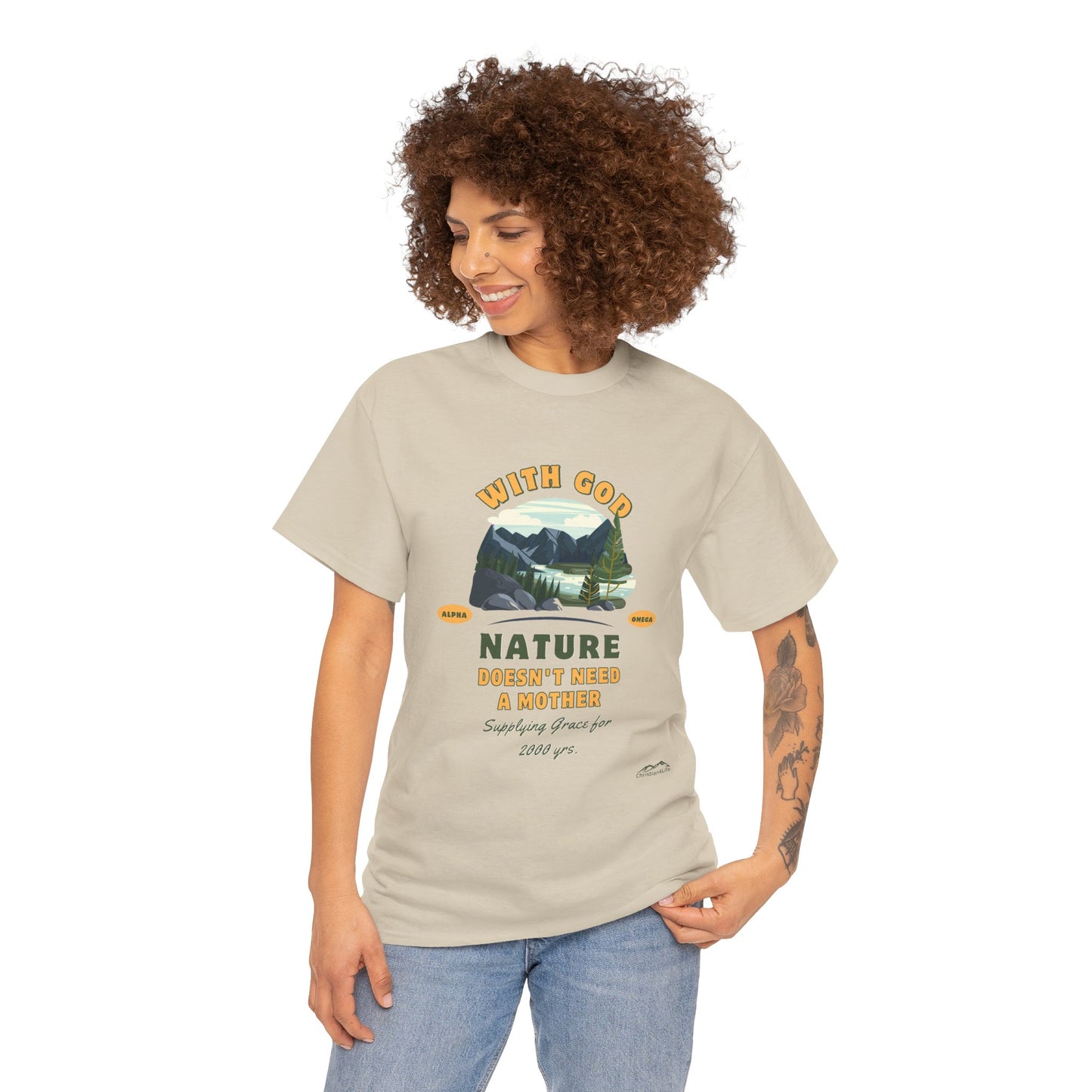 Unisex "With God Nature doesn't need a mother" Heavy Cotton Christian Tee
