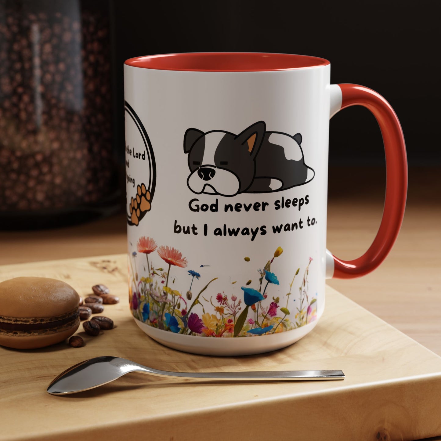 Christian 11oz and 15oz Accent Coffee Mug ’God never sleeps’ (with flowers) - 15oz / Red - Mug