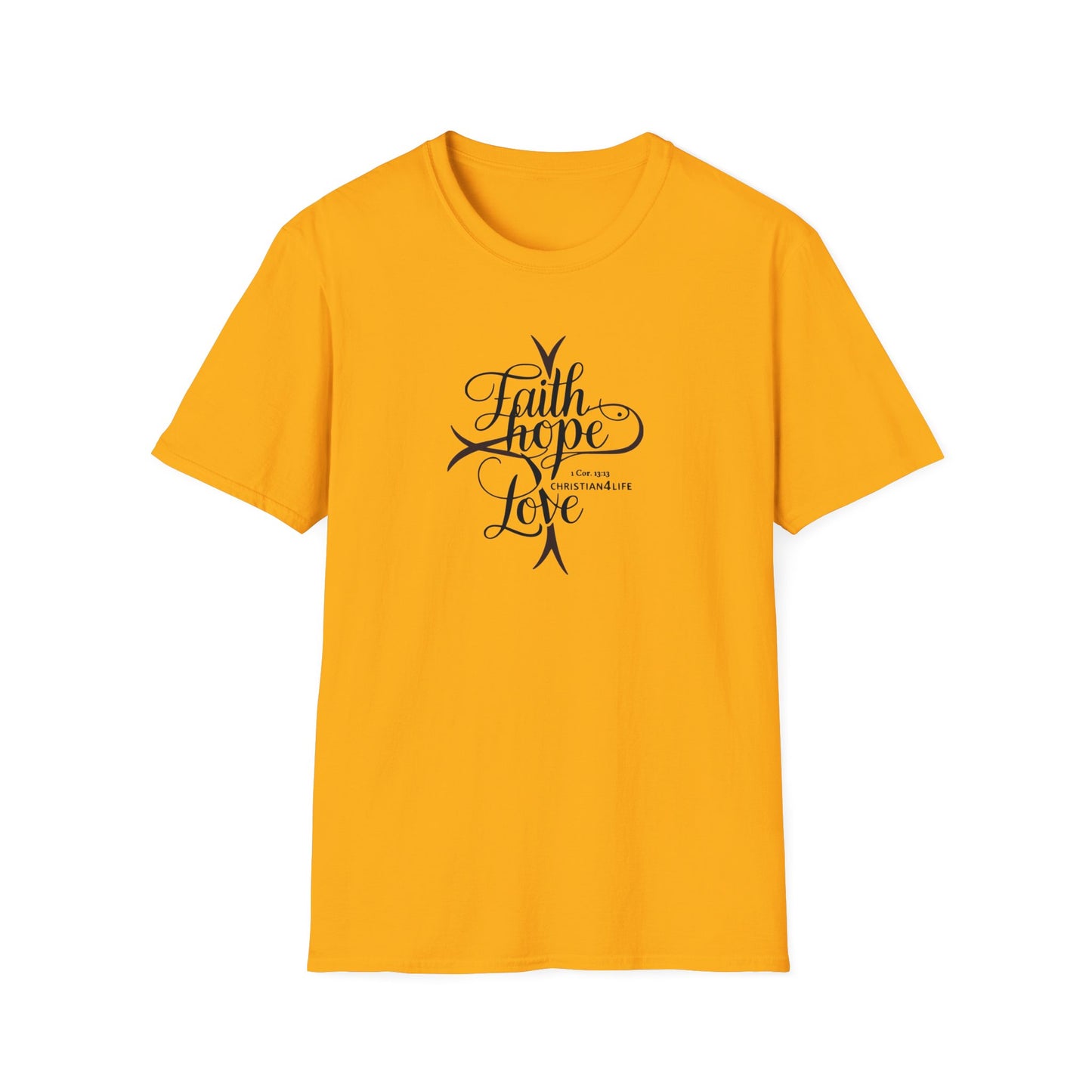 ’Faith Hope Love’ Unisex Christian Cotton Softstyle T-Shirt - Gold / L - T-Shirt