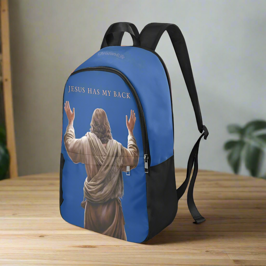 "Jesus Has My Back" Christian Backpack-Black Side Accent (Choose Green or Blue shades)