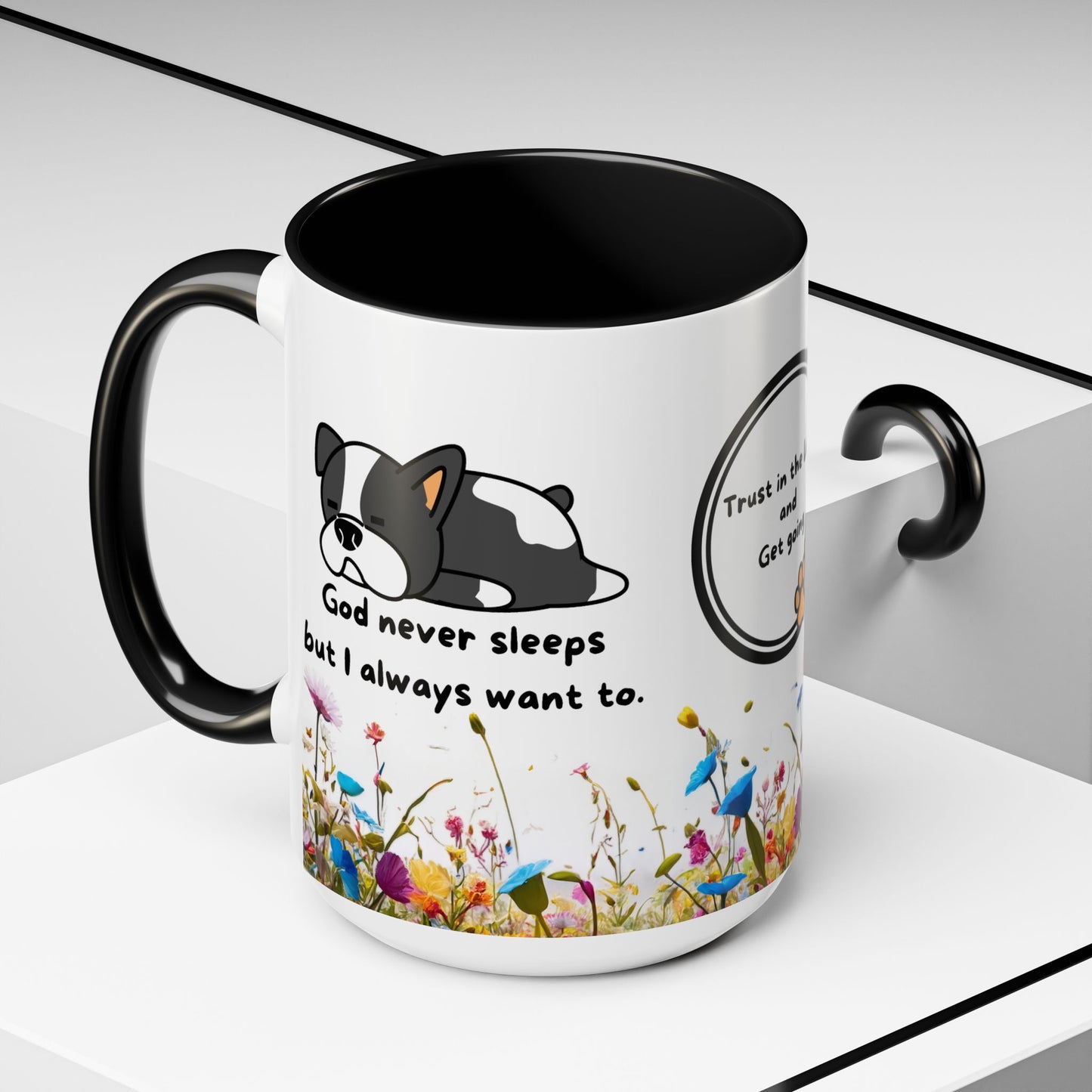 Christian 11oz and 15oz Accent Coffee Mug ’God never sleeps’ (with flowers) - 15oz / Black - Mug