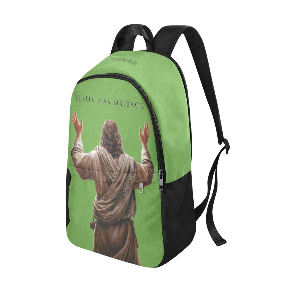 "Jesus Has My Back" Christian Backpack-Black Side Accent (Choose Green or Blue shades)