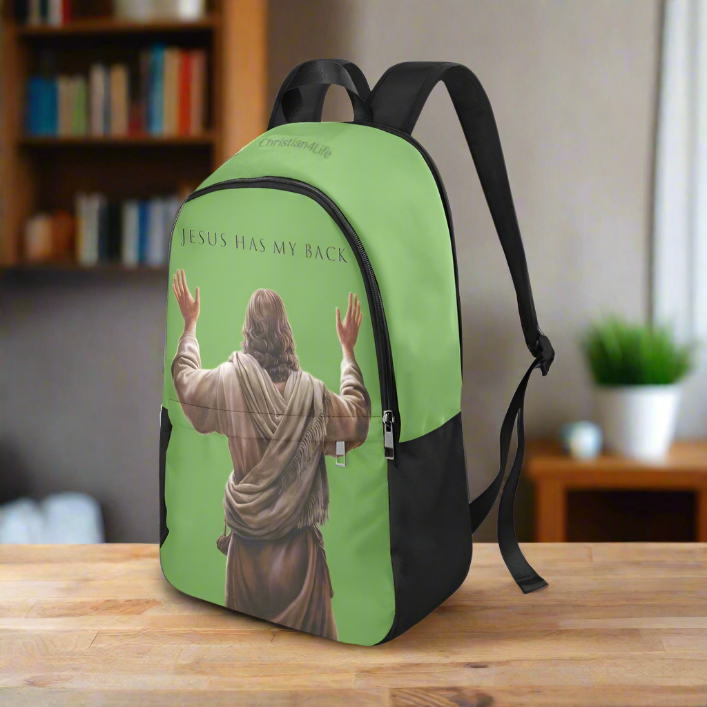 "Jesus Has My Back" Christian Backpack-Black Side Accent (Choose Green or Blue shades)