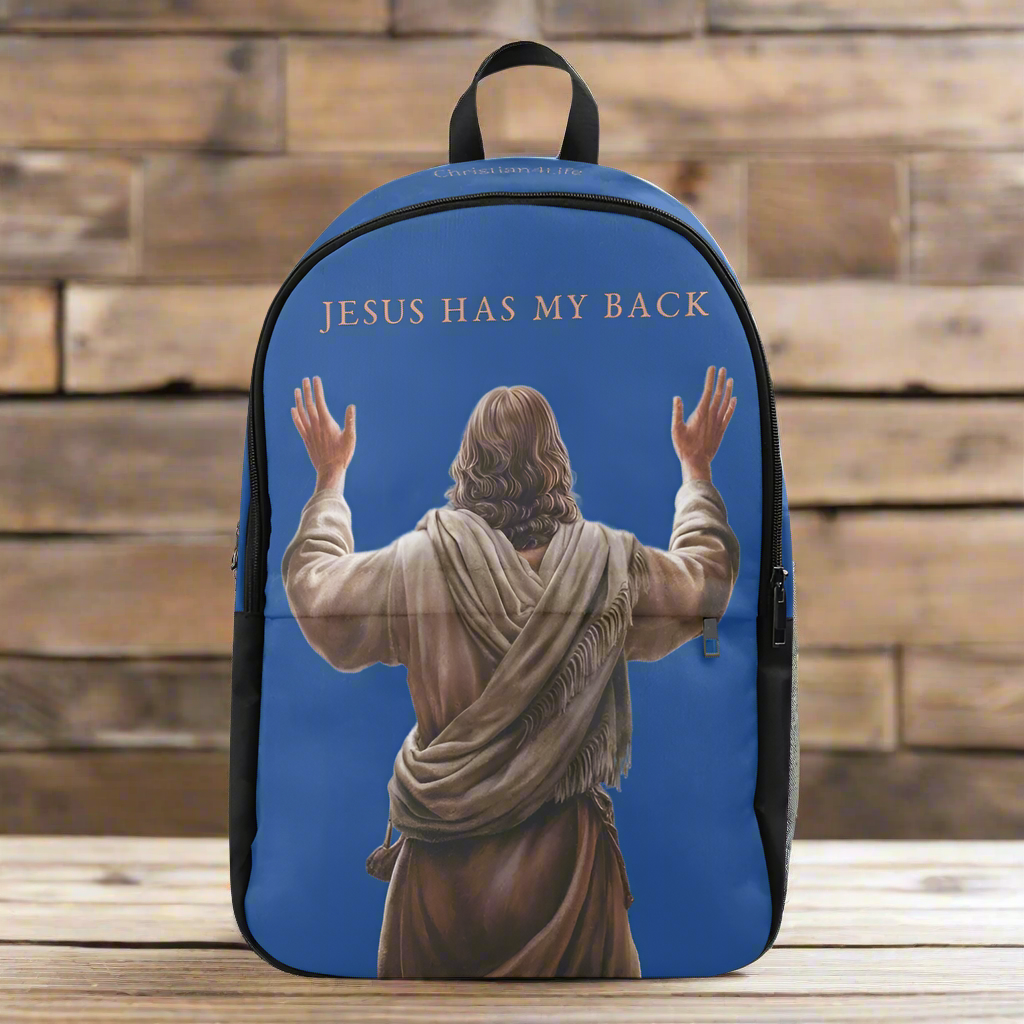 "Jesus Has My Back" Christian Backpack-Black Side Accent (Choose Green or Blue shades)