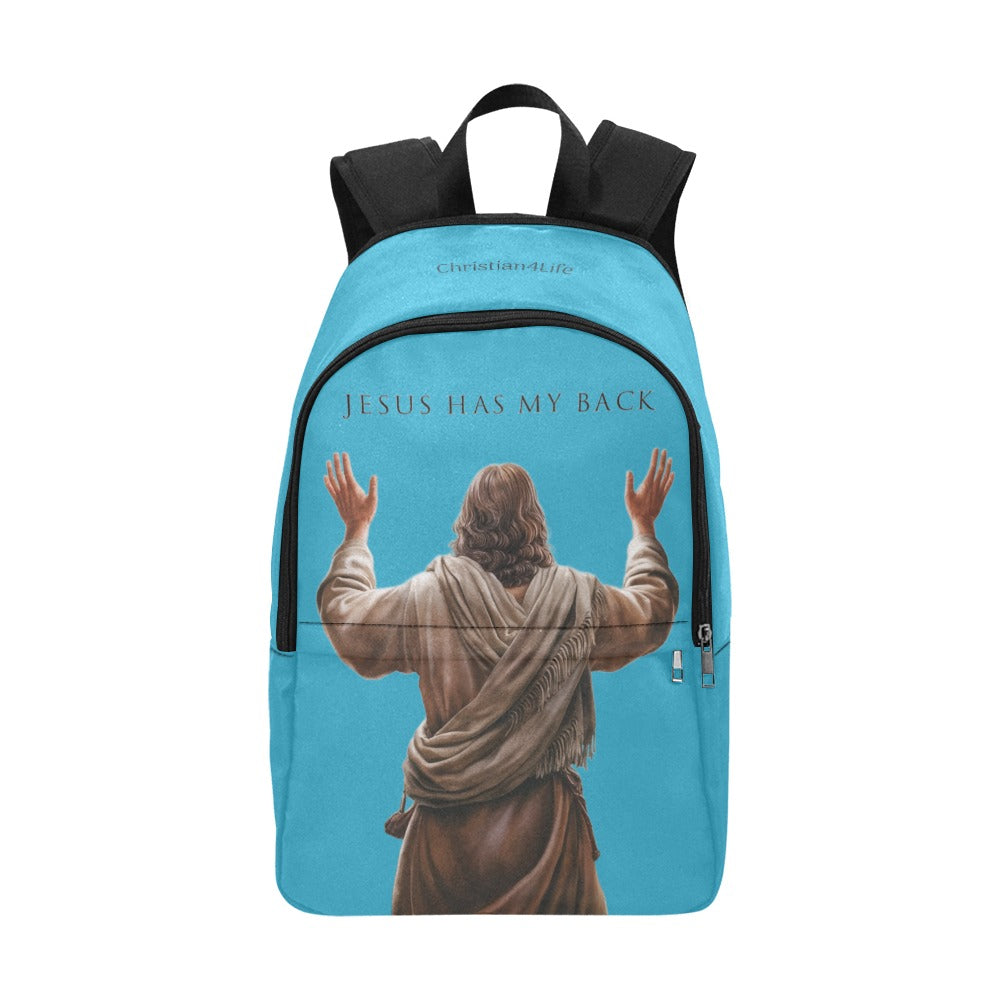 Blue backpack with an image of Jesus in robes and 'Jesus Has My Back' text