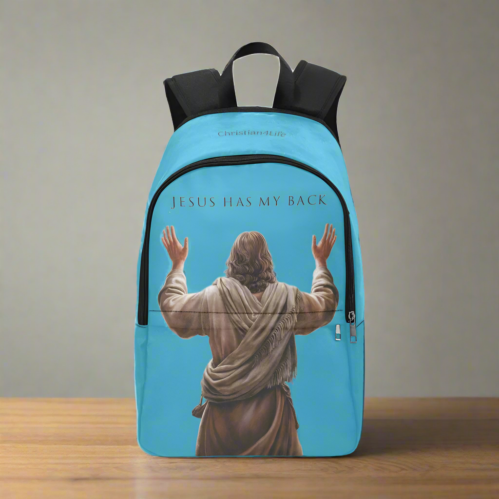 "Jesus Has My Back" design Christian Backpack (turquoise)