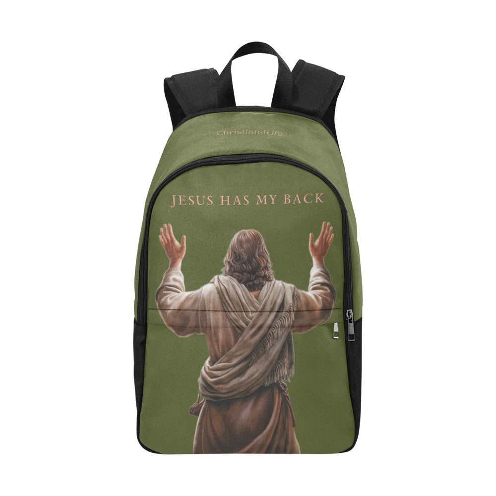 "Jesus Has My Back" Christian Backpack-Black Side Accent (Choose Green or Blue shades)