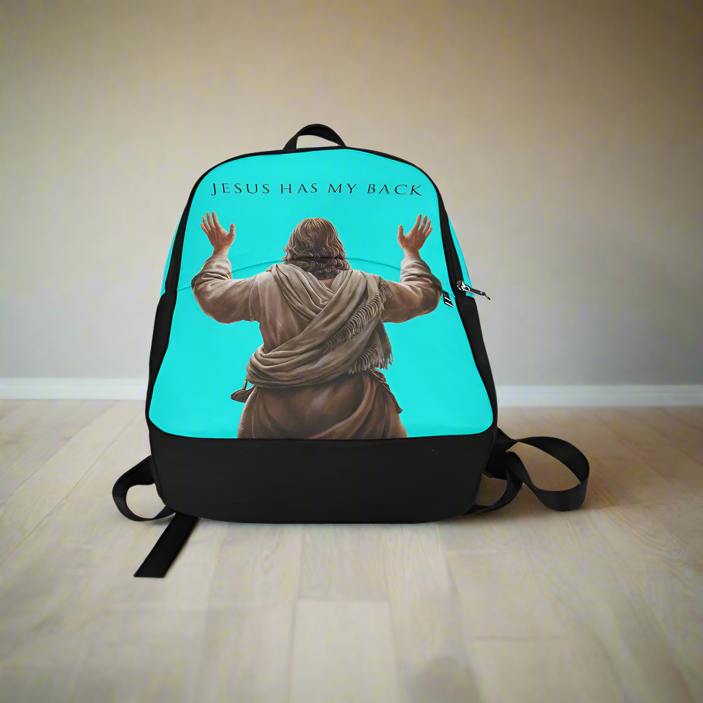 "Jesus Has My Back" Christian Backpack-Black Side Accent (Choose Green or Blue shades)
