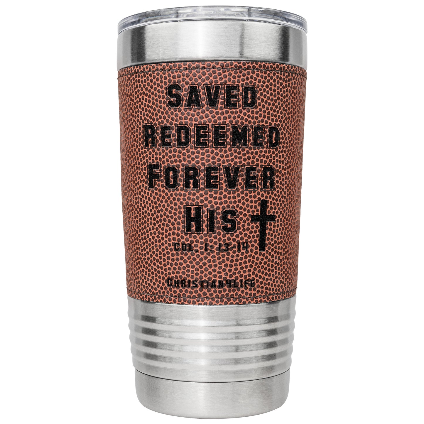 20oz Christian Football Tumbler - Saved Redeemed - Orange / Stainless steel - Tumblers