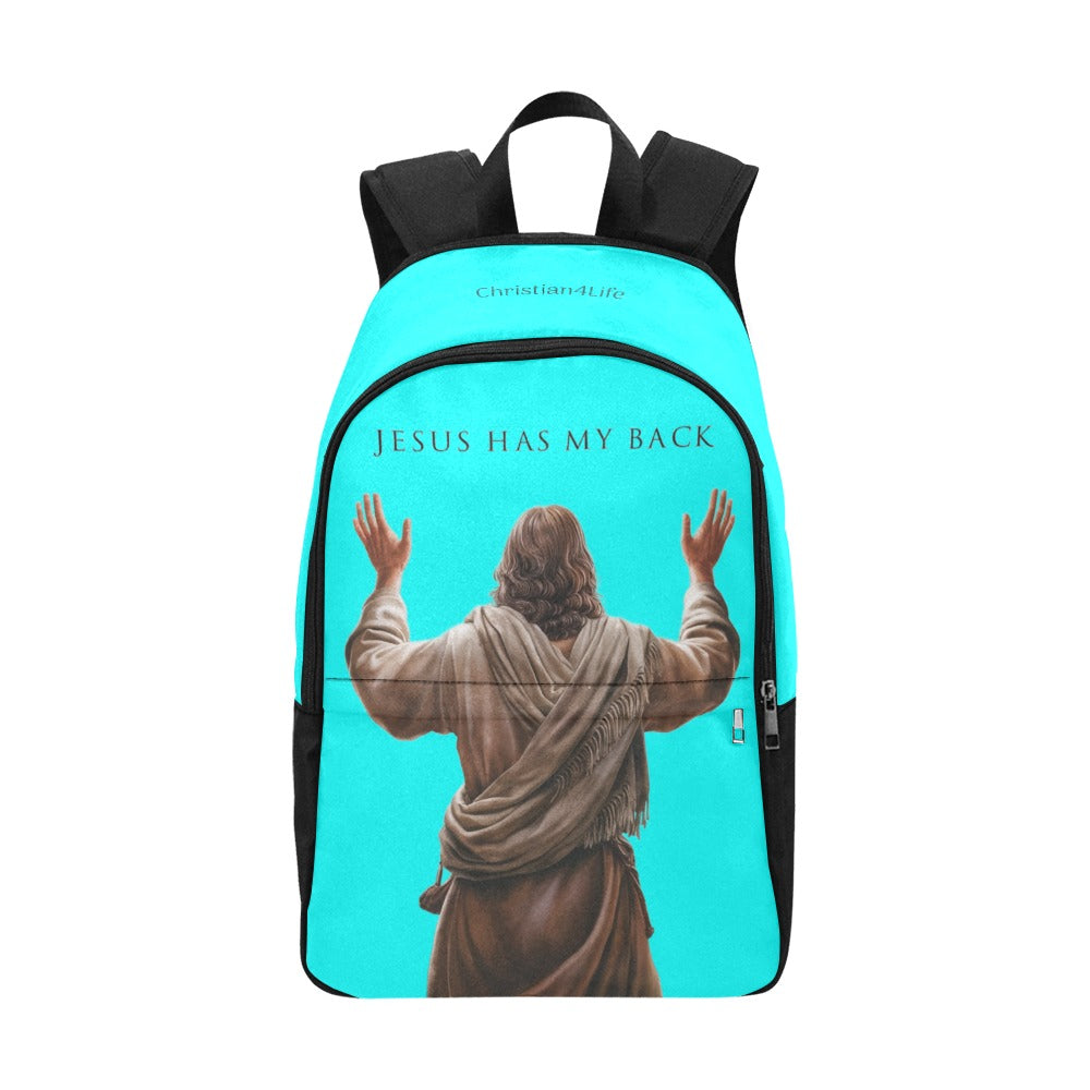 "Jesus Has My Back" Christian Backpack-Black Side Accent (Choose Green or Blue shades)
