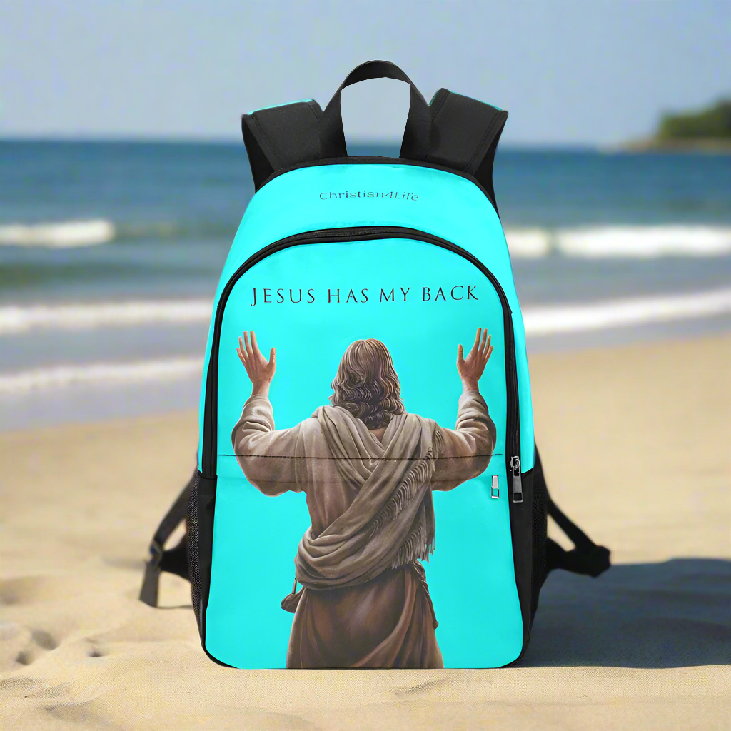 "Jesus Has My Back" Christian Backpack-Black Side Accent (Choose Green or Blue shades)