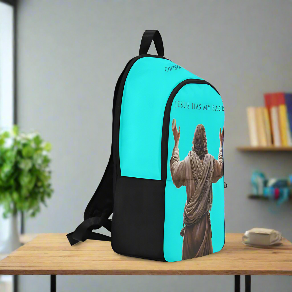 "Jesus Has My Back" Christian Backpack-Black Side Accent (Choose Green or Blue shades)