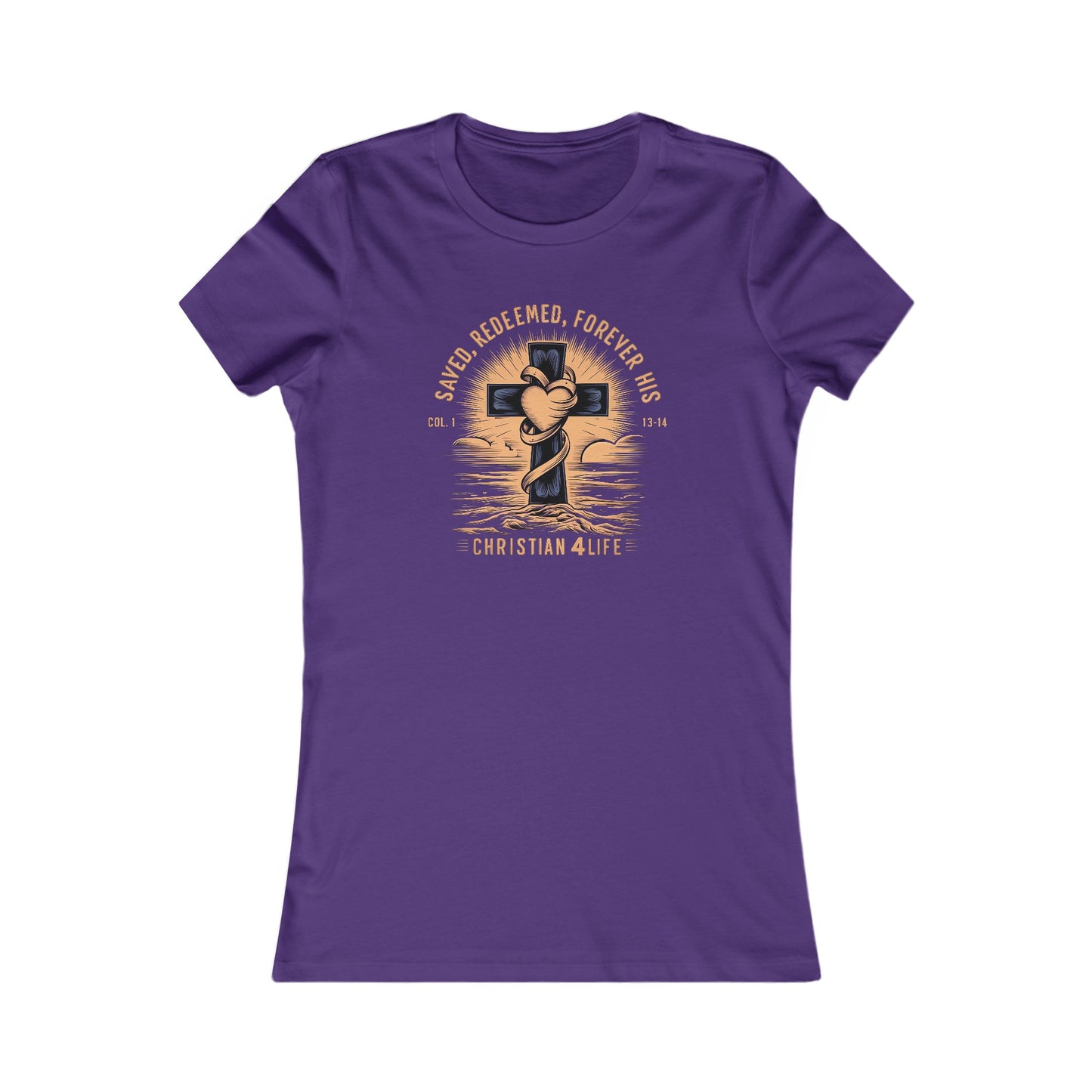 Women’s ’Saved Redeemed Forever His’ inspirational Christian t-shirt - S / Team Purple - T-Shirt