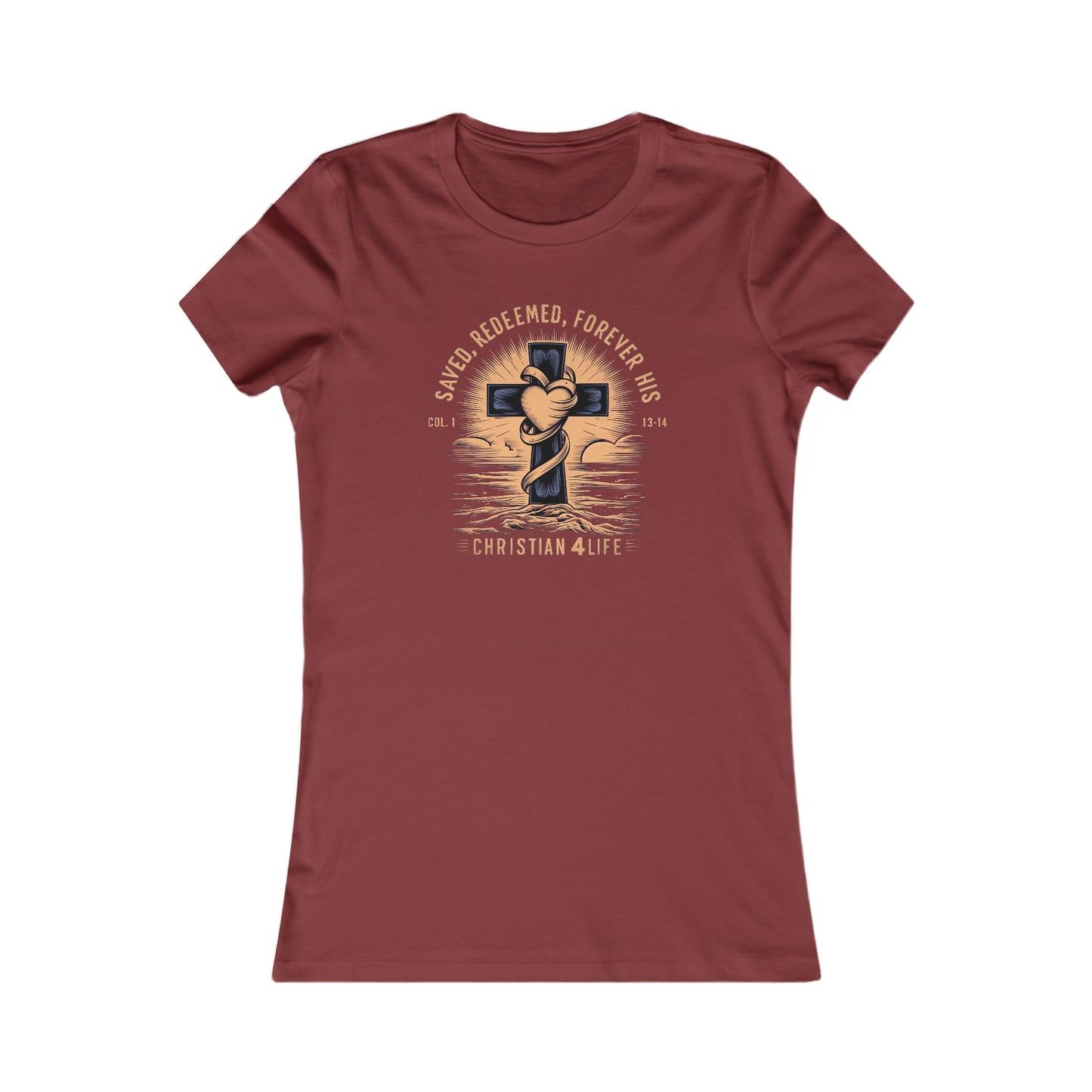 Women’s ’Saved Redeemed Forever His’ inspirational Christian t-shirt - S / Cardinal - T-Shirt