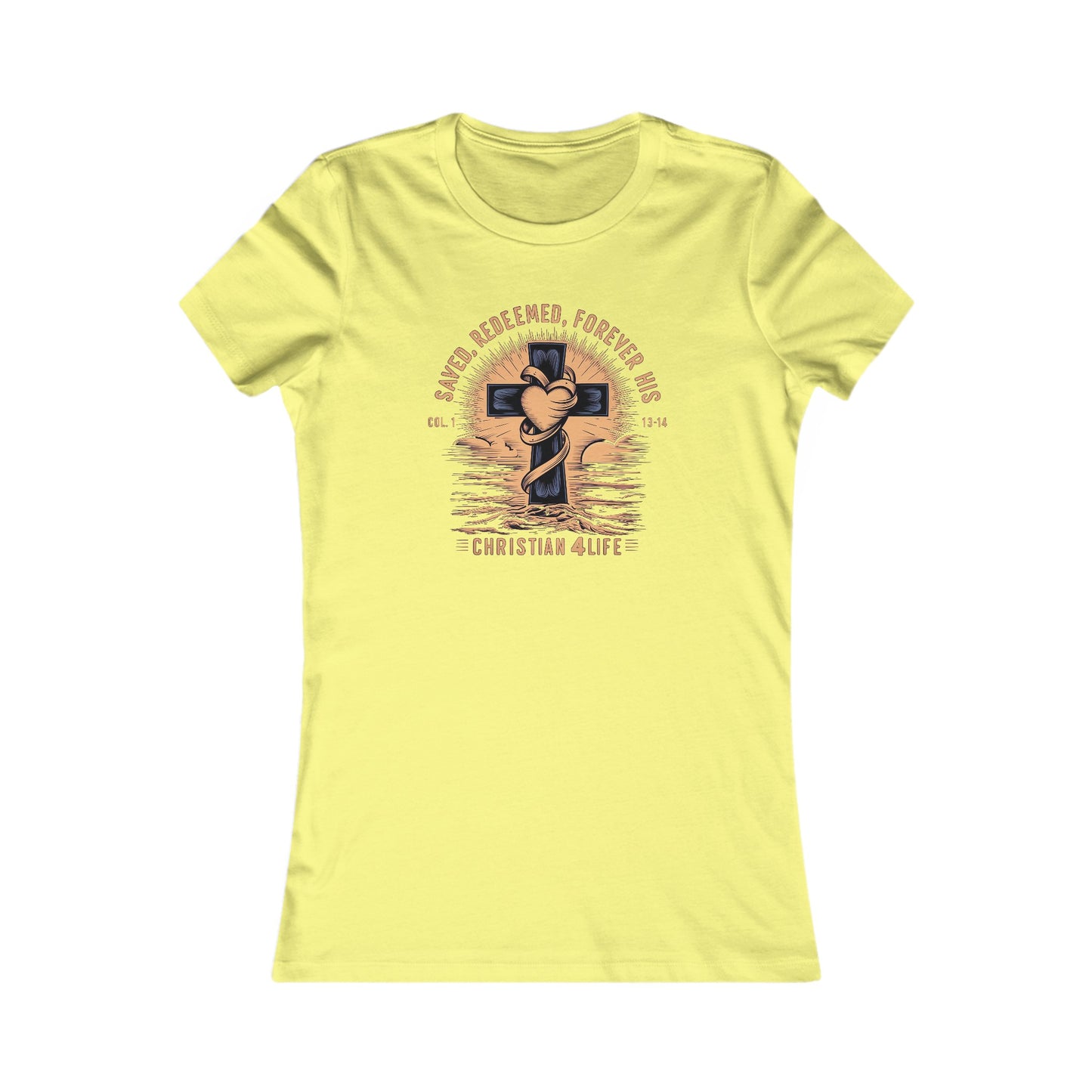 Women’s ’Saved Redeemed Forever His’ inspirational Christian t-shirt - S / Yellow - T-Shirt