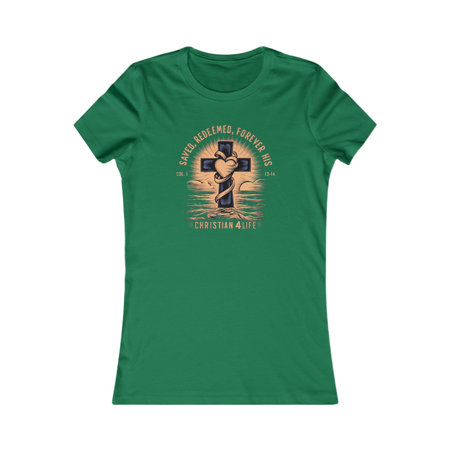 Women’s ’Saved Redeemed Forever His’ inspirational Christian t-shirt - S / Kelly - T-Shirt