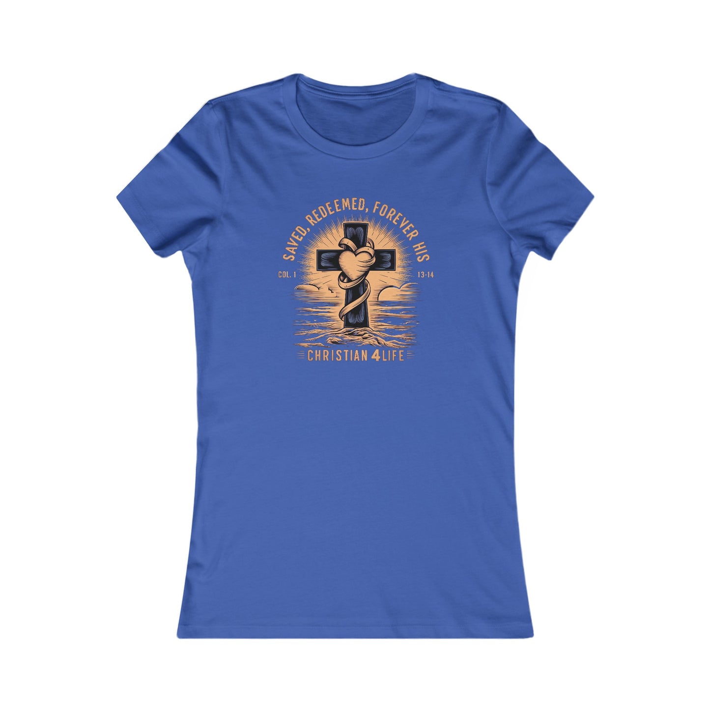 Women’s ’Saved Redeemed Forever His’ inspirational Christian t-shirt - S / True Royal - T-Shirt