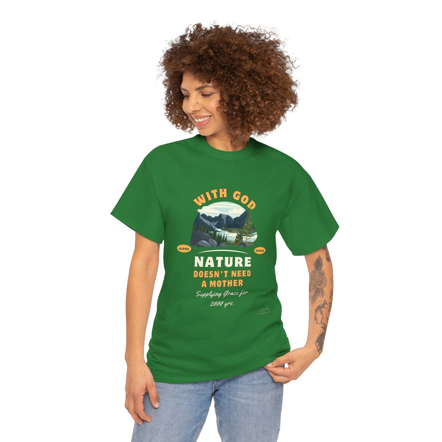 Unisex "With God Nature doesn't need a mother" Heavy Cotton Christian Tee