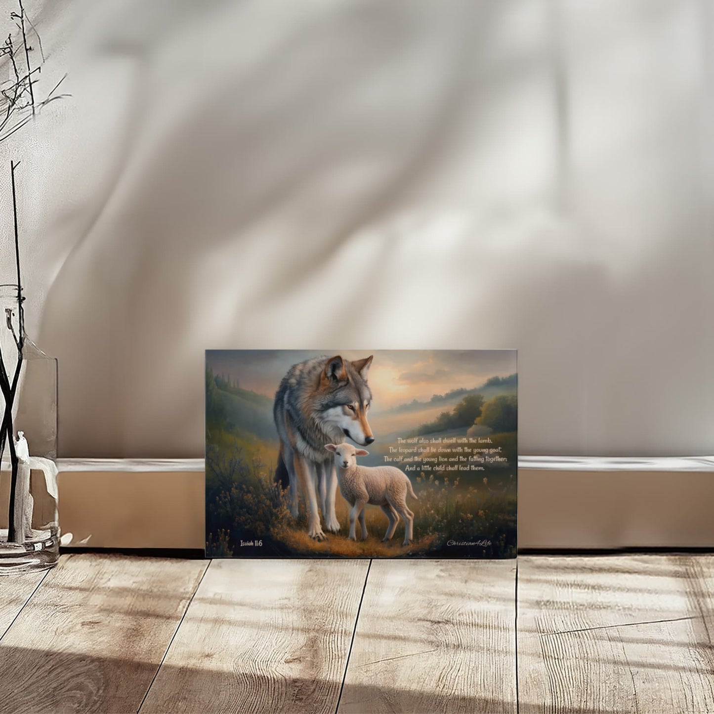 Wolf and Lamb, Christian Wall Art, Gallery Wrapped Canvas, with Isaiah 11:6 Quote