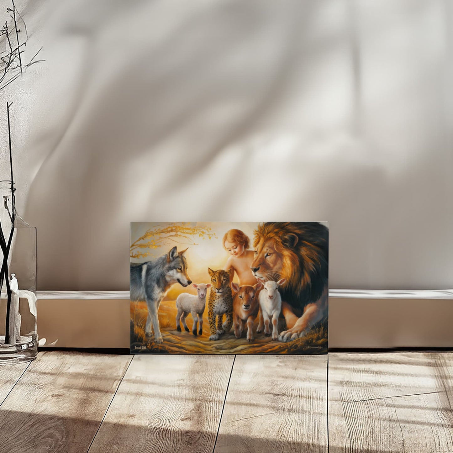 Framed artwork of a child with animals on a wall in a room with wooden floor.