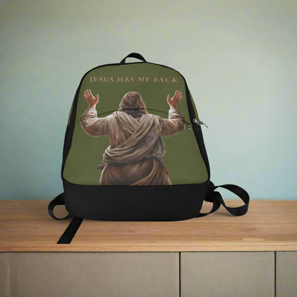 "Jesus Has My Back" Christian Backpack-Black Side Accent (Choose Green or Blue shades)