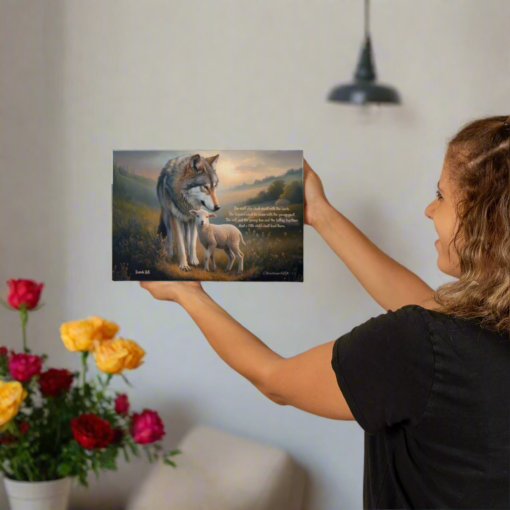 Woman hanging a painting of wolves and sheep
