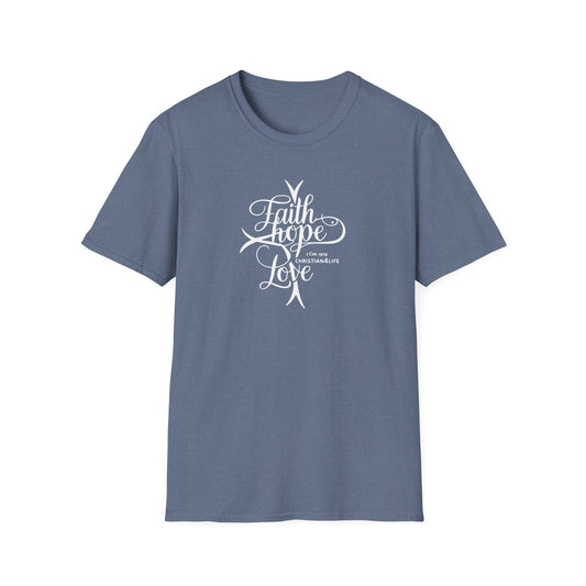 ’Faith Hope Love’ Unisex Christian Cotton Softstyle T-Shirt - Heather Indigo / S - T-Shirt