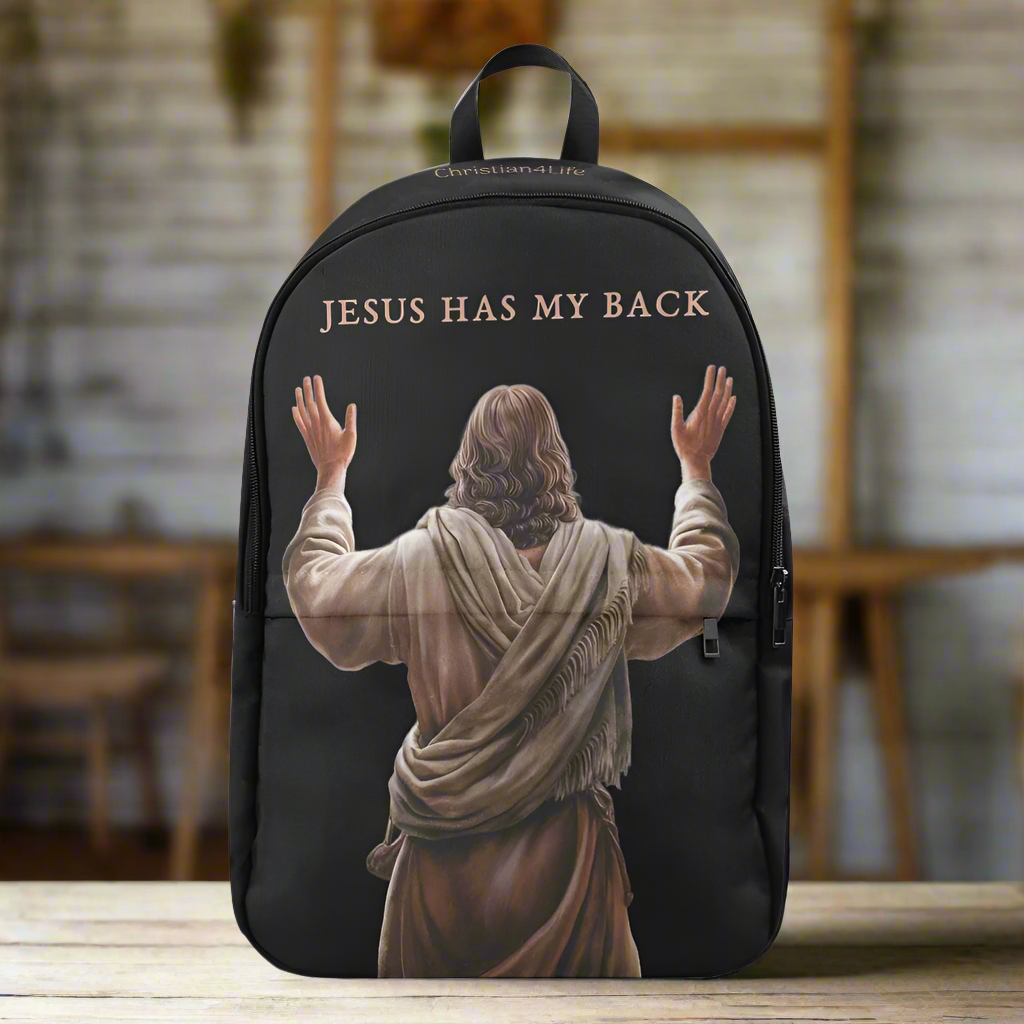 "Jesus Has My Back" Graphic design Christian Backpack (black)